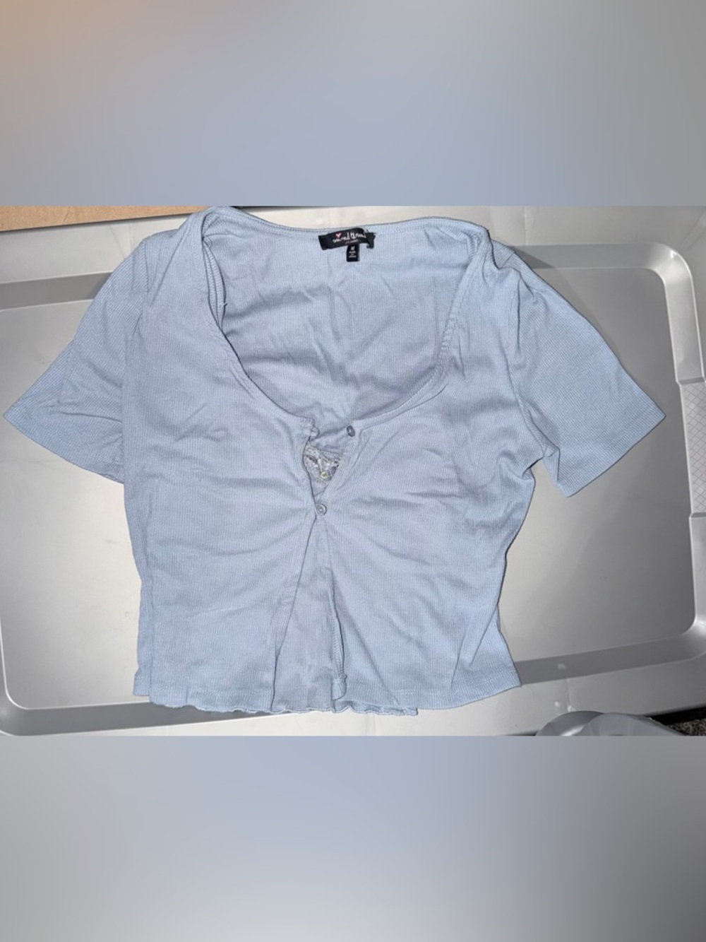 Light Blue Ribbed Scoop-Neck Button Front Tee